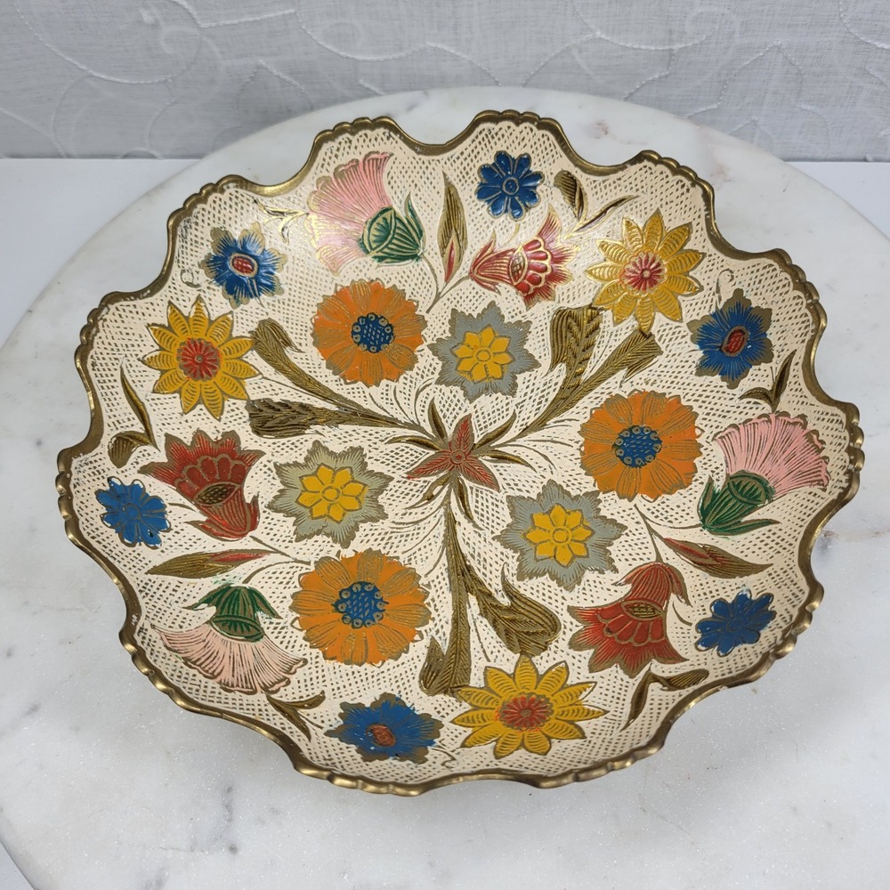 Hand Painted Brass Pedestal Bowl Trinket Floral Catch All Scalloped Rim Vintage - Picture 3 of 16